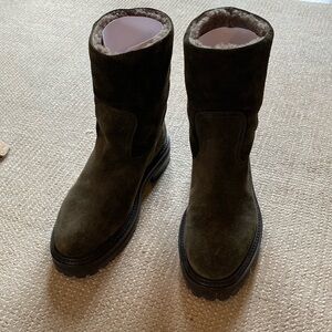 Jimmy Choo “Yari” flat boots in Seaweed/Clay.